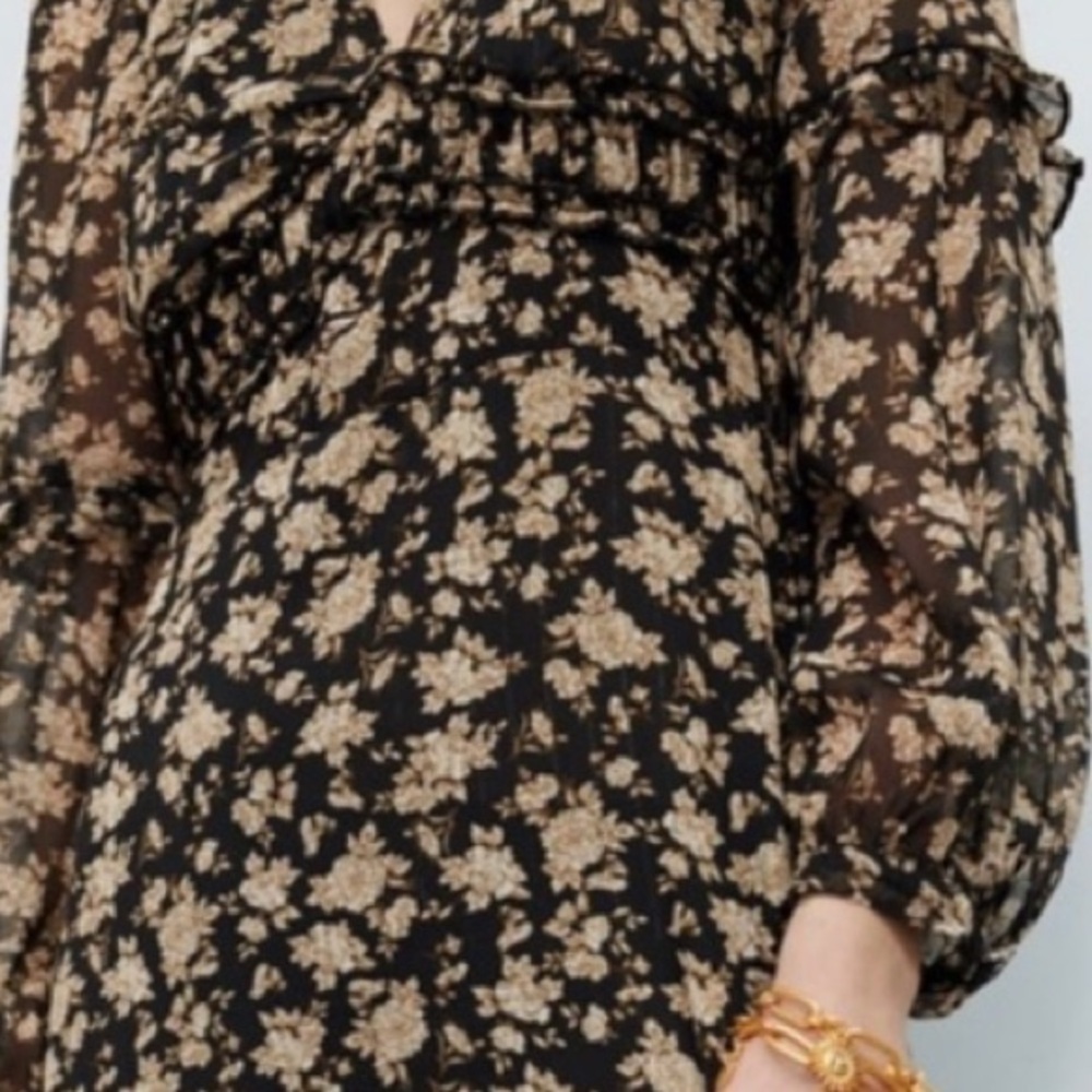 NEW! ZARA New Woman Midi Dress Floral Ruffled Lined Black Cream Size Medium - Picture 5 of 11